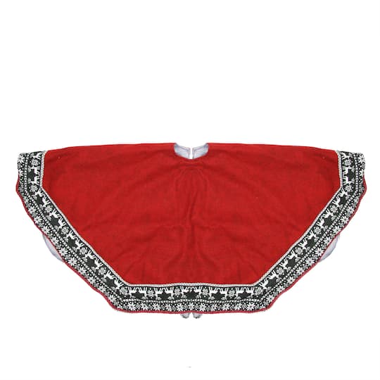 50" Red Heptagon with Gray & White Snowflakes & Reindeer Knit Border Christmas Tree Skirt
